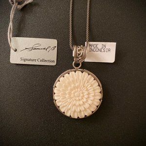 Samuel B Sterling Silver, 18K Gold and Carved Bone Flower Pendant